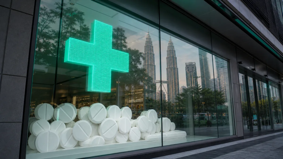 Pharmacy in Kuala Lumpur with the Petronas Towers reflected - drug registration in Malaysia