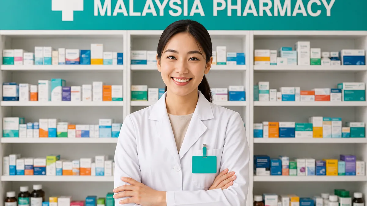 Pharmacist at a Malaysia pharmacy with shelves of imported and distributed medicines