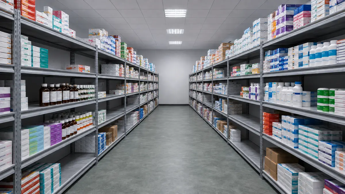 Pharmacy warehouse aisle with partly empty shelves - medicine shortage reporting in Malaysia